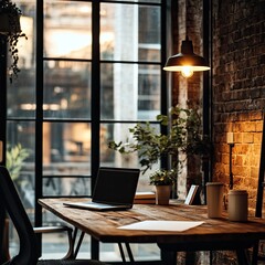 Industrial-chic workspace with laptop, plants, and large windows overlooking a city street