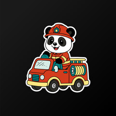 Panda sticker wearing a firefighter costume riding a fire truck