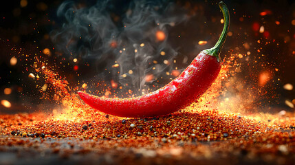 A red chili pepper lying on a surface covered with spices. The pepper is surrounded by pollen and drops of spices. Steam rises from the pepper, creating a sense of warmth, fire, and spiciness.