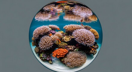 Vibrant coral reef ecosystem viewed through a circular lens, showcasing diverse coral formations and their underwater reflection.
