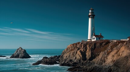 Fototapeta premium Dusty blue lighthouse with clean lines trustworthy and bold for tech-meets-ocean concepts