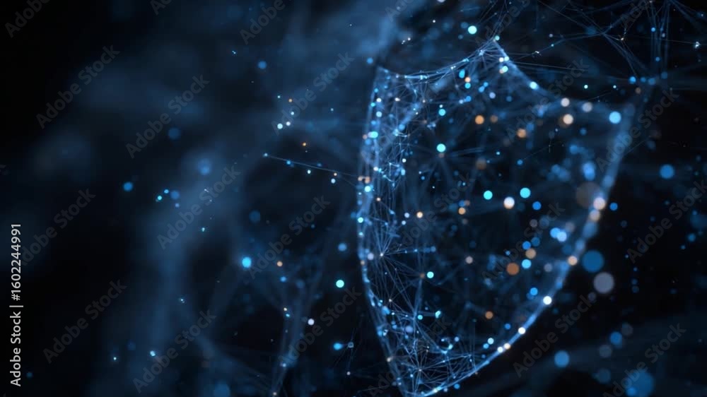 Poster digital fortress: abstract cyber shield constructed from interconnected lines and glowing nodes, rep