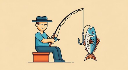 A smiling fisherman sits, reeling in a large fish with a fishing rod.