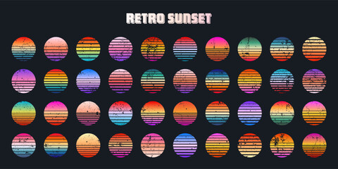 Grunge vintage colorful sunset. Striped gradient sunrise badges in 80s and 90s style. Sun and ocean view, summer vibes, surfing. Design element for print, logo or t-shirt. Vector illustration