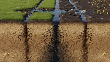 Toxic Industrial Waste Leaking into Soil – 3D Illustration Showing Ground Pollution, Environmental Contamination, and Hazardous Chemical Impact on Nature

