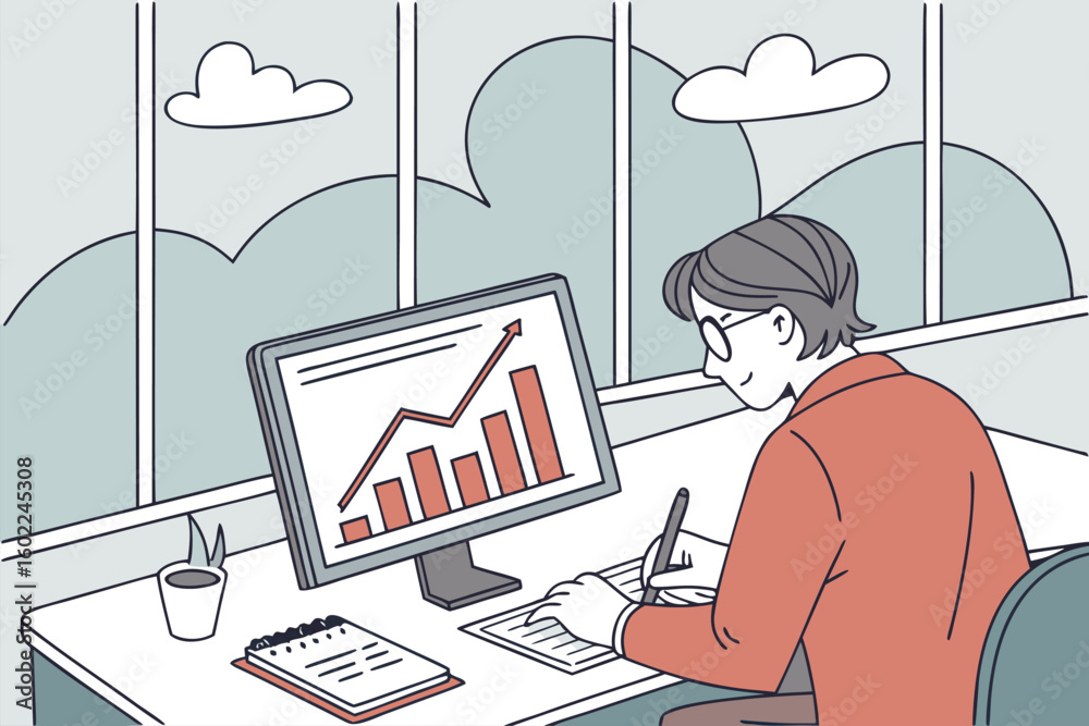 Poster professional analyzing sales data in a modern office setting with growth chart displayed on computer