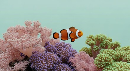 Vibrant coral reef with a clownfish swimming amidst colorful coral formations.