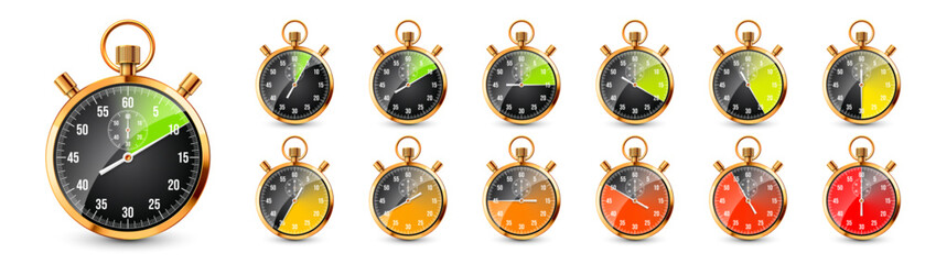Realistic classic stopwatch. Shiny golden metal chronometer, time counter with dial. Colorful countdown timer showing minutes, seconds. Time measurement for sport, start, finish. Vector illustration