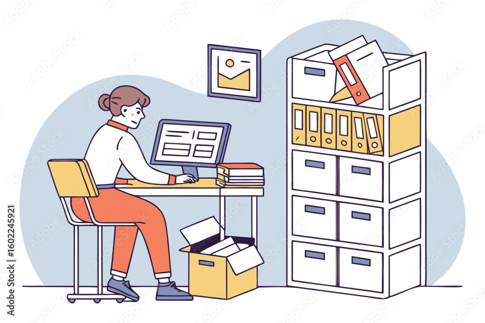 Poster woman working at a desk with a computer while organizing files and folders in an office setting duri
