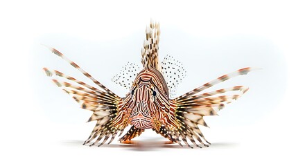 A vibrant, detailed close-up shot of a lionfish, showcasing its intricate fin structure.