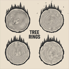 Round tree trunk cuts with trees, forest and birds. Sawn pine or oak slices, lumber. Saw cut timber, wood. Brown wooden texture with tree rings. Hand drawn sketch. Vector illustration