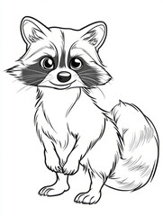 Cartoon raccoon illustration in black and white, cute and playful.