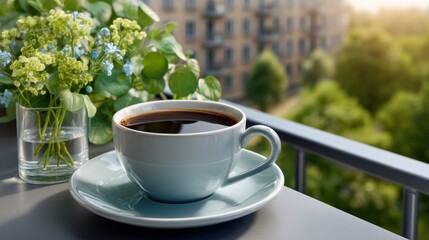 Morning coffee on a balcony urban apartment lifestyle photography relaxing environment natural light tranquility
