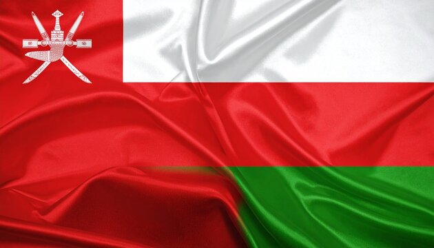 Flag of Oman waving against a blue sky with light clouds.