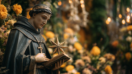 Close-up of Saint Dominic statue holding book and star