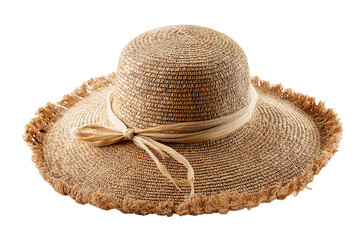 Young woman wearing wide‑brimmed straw beach hat isolated on transparent PNG background &mdash; high‑resolution cutout perfect for summer vacation graphics, coastal fashion design, travel brochure layouts
