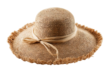 Young woman wearing wide‑brimmed straw beach hat isolated on transparent PNG background — high‑resolution cutout perfect for summer vacation graphics, coastal fashion design, travel brochure layouts
