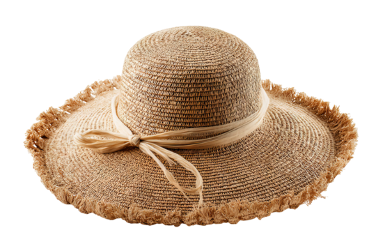 Young woman wearing wide‑brimmed straw beach hat isolated on transparent PNG background — high‑resolution cutout perfect for summer vacation graphics, coastal fashion design, travel brochure layouts - Powered by Adobe