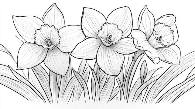 Three detailed sketched daffodils with leaves and stems.