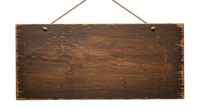 Dark rustic wood signage board with rope for store branding product display mockups commercial marketing or signage design layout in classic wood style
