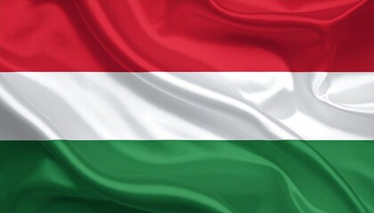 Obraz premium Hungarian flag with horizontal red, white, and green stripes on a softly waving fabric background, realistic texture and lighting.
