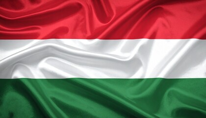 Obraz premium Hungarian flag with horizontal red, white, and green stripes on a softly waving fabric background, realistic texture and lighting.