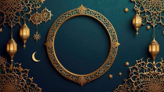 Ornate gold circular frame on a teal background, decorated with hanging lanterns and intricate mandala designs