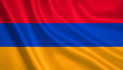 Naklejka premium Armenian flag with horizontal red, blue, and orange stripes, displayed on a textured, gently waving fabric.