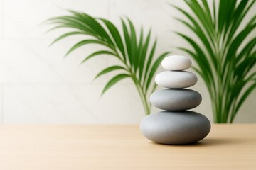 Obraz premium Balanced stack of smooth zen stones on wooden surface with tropical green leaves in background, symbolizing harmony and light lifestyle concept.