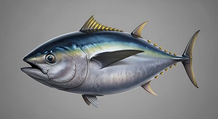 Illustration of a tuna fish with blue and silver scales, fins, and an open mouth against a gray background.
