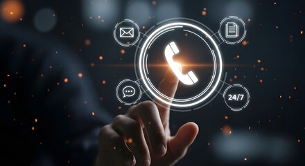 Digital contact center technology with futuristic interface and hand interaction