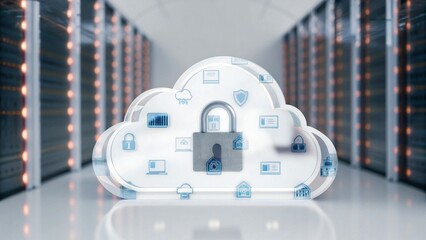 Secure cloud computing data center with digital icons and padlock