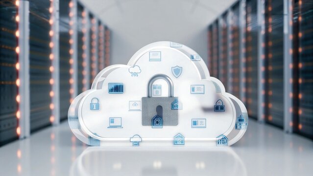 Secure cloud computing data center with digital icons and padlock