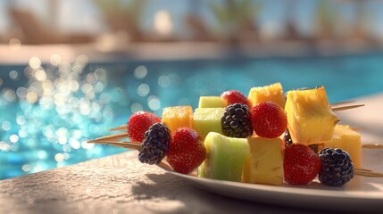 Fruit Skewers with Pineapple and Berries Near Poolside