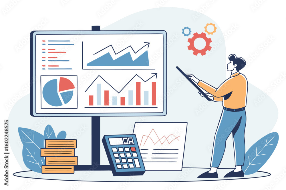 Poster business analyst presenting data visualizations and financial graphs in modern workspace with stacke