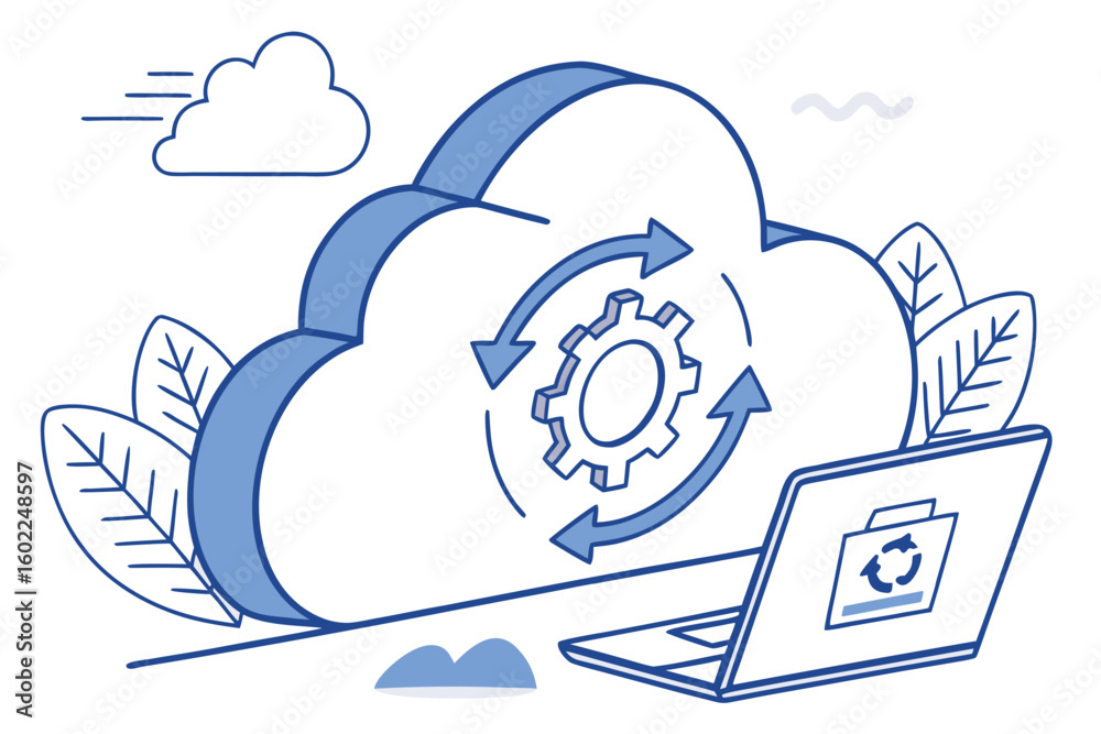 Poster cloud computing concept showing data synchronization with a laptop and cloud symbols in a simple, mo
