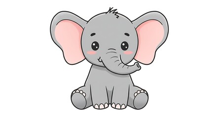 Naklejka premium Adorable cartoon baby elephant sitting, large ears, pink inner ears, gray body.