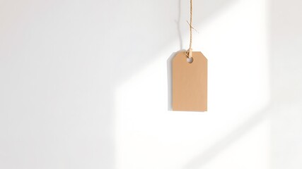 Photo of a blank brown tag hangs from a string against a white wall with soft shadows