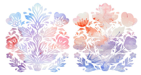Vector set of watercolor decorative clip arts of flowers. Tracery silhouette of symmetrical stylized floral arrangement for cards and invitations. Summer bloom