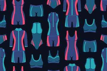 Vector seamless pattern with sports women swimsuits. Texture with sports wetsuits for swimming pools, cycling competitions and gymnastics. Sport background for wallpaper and fabric