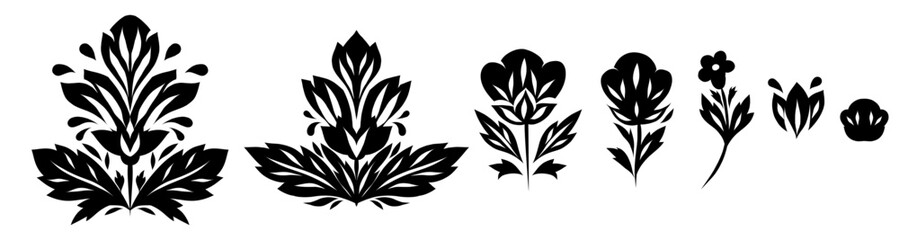 Vector set of black silhouette decorative clip arts of flowers. Collection of stylized blooms for cards and invitations. Tracery blossom isolated from background