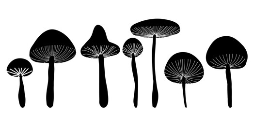 Vector set of black silhouette stylized fly agarics clip arts. Collection of print of magic amanita mushrooms for postcards, book illustrations, stickers.