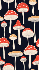 Vector seamless pattern with stylized fly agarics on dark background. Texture with drawn magic amanita mushrooms for wallpaper, fabric and wrapper