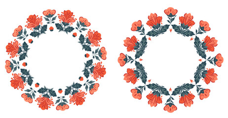 Vector set of frames with decorative flowers and copy space. Collection of circles with stylized red flowers. Floral borders for invitation and picture frame