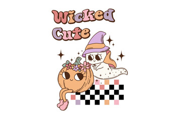  Wicked Cute Ghost with Pumpkin and Witch Hat | Kawaii Halloween Sublimation Design isolated on transparent background