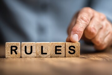 A hand places a wooden block letter onto a row of wooden blocks spelling out "RULES