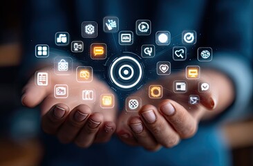Holographic app icons held in cupped hands