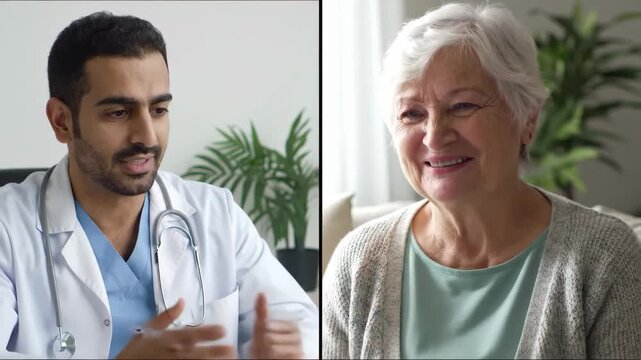 A male doctor of Middle-Eastern descent engages in a telemedicine video call with a senior female patient. This split-screen consultation shows the modern, convenient.