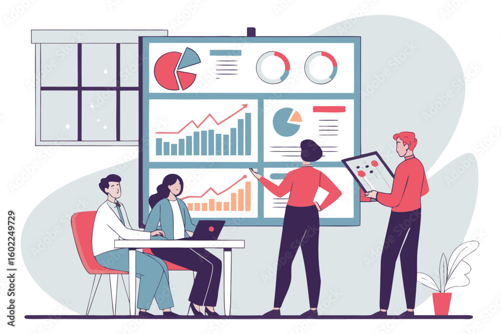 Poster business meeting in an office with team analyzing data on a large monitor while utilizing laptops an
