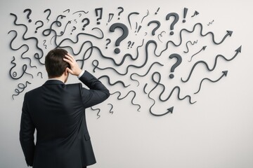 Confused business person looking at abstract question marks and arrows on light background representing uncertainty and complex decision making.